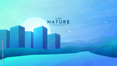 Vector illustration. Minimalist flat landscape. City scene. Blue color sky. Building in natural parkland. Skyscrapers on hills near water. Design elements for web banner, website template
