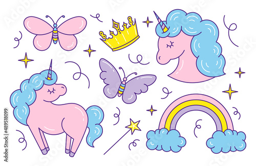 A set of children's illustrations, stickers with unicorns in the style of doodle, cartoon. Isolated on a white background. Horses. 