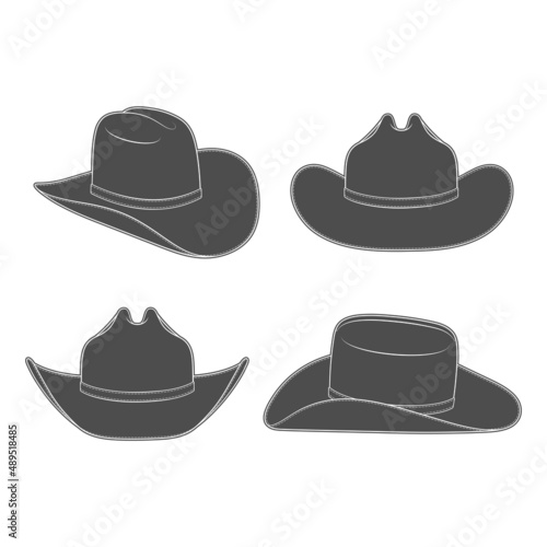 Set of black and white illustrations with cowboy hat. Isolated vector objects on a white background.