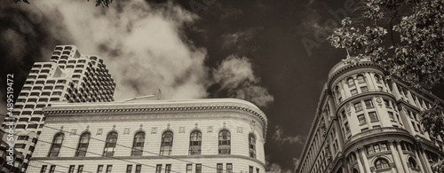 San Francisco, California - August 6, 2017: Buildings from Market and Fifth Street. Parc55, Bank of America and Flood Building.