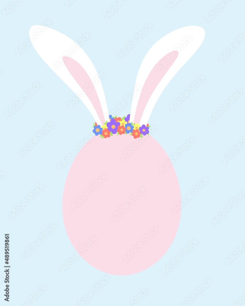 Fototapeta premium Easter card, Easter egg with rabbit ears, congratulations for Easter holiday. egg color pink