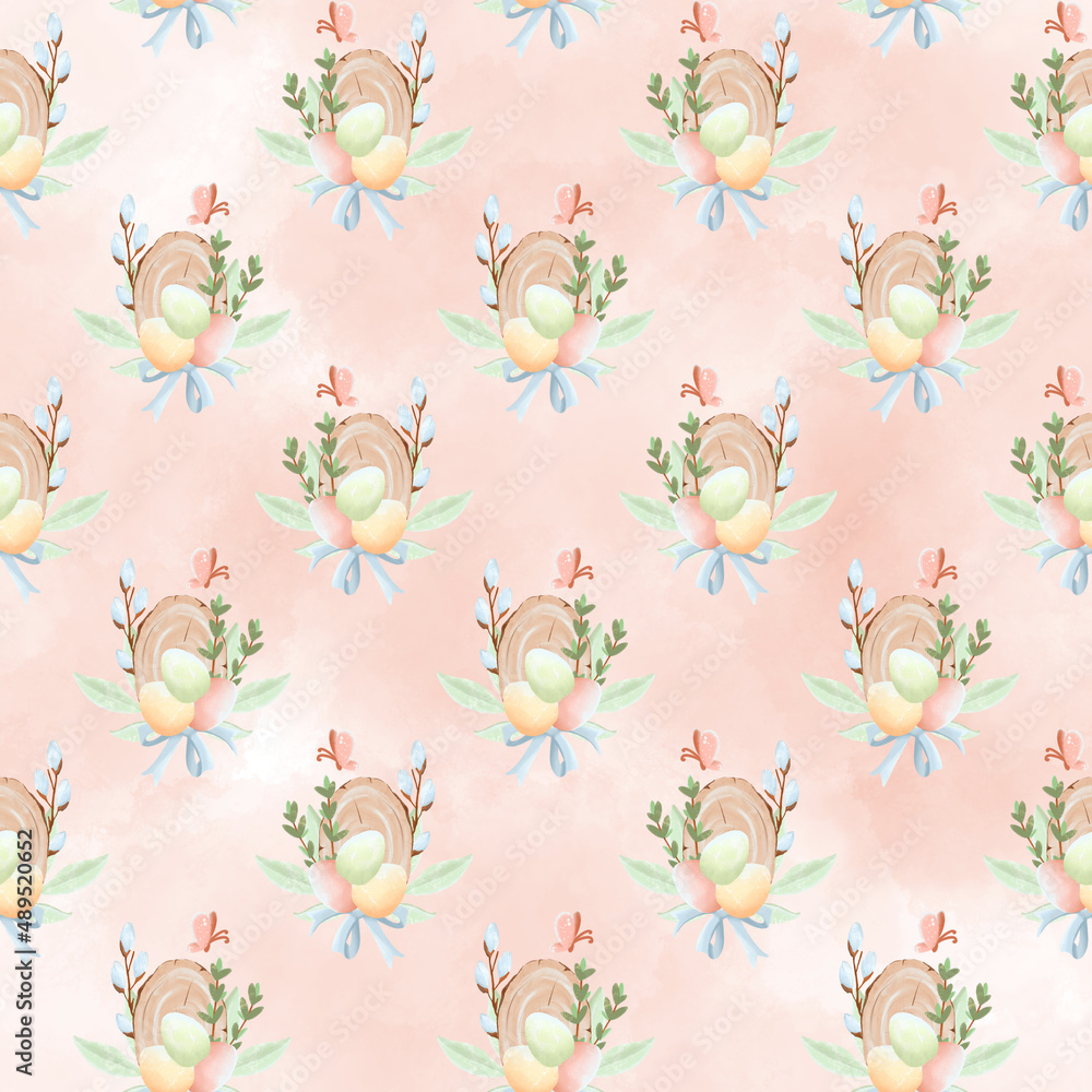 Fototapeta premium Watercolor seamless pattern with eggs, leaves, branches in pastel color on pink background
