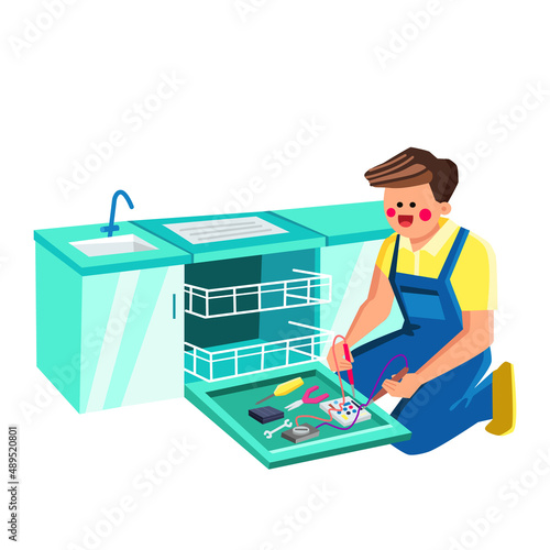 Electric Appliances Services Maintenance Vector. Electric Appliances Services Worker Examining And Repairing Dishwasher Kitchen Equipment. Character Repair Wash Machine Flat Cartoon Illustration