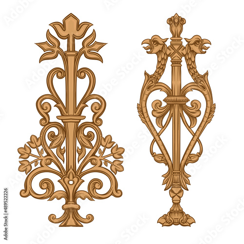 Classical luxury old fashioned royal baroque, historical ornament with lilies, victorian floral Clip art, set of elements for design Vector illustration.