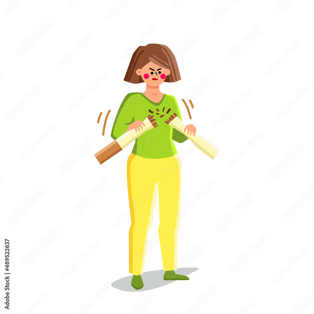 Quitting Smoking Addiction Trying Woman Vector. Young Girl Try Quitting Smoking And Crushing Tobacco Cigarette. Character Dangerous Addict, Nicotine Denied Flat Cartoon Illustration Quitting Smoking Addiction Trying Woman Vector. Young Girl Try Quitting Smoking And Crushing Tobacco Cigarette. Character Dangerous Addict, Nicotine Denied Flat Cartoon Illustration