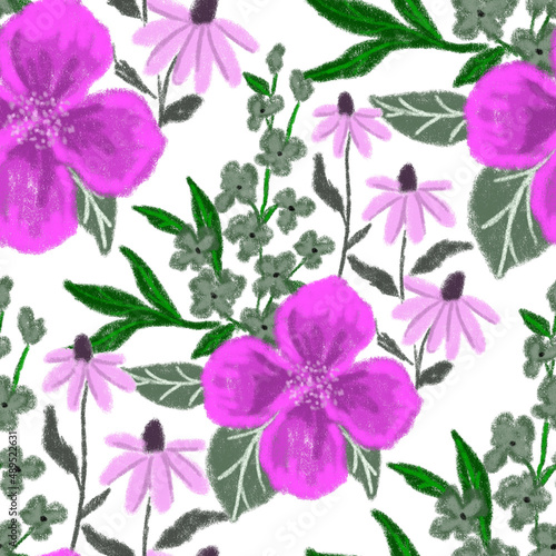Creative seamless pattern with abstract flowers drawn with wax crayons. Bright colorful floral print. 