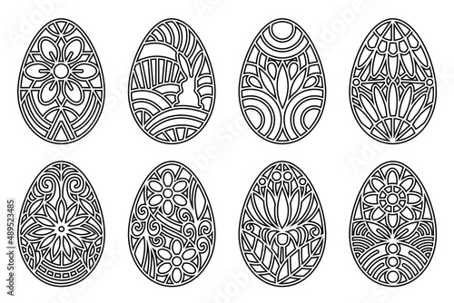 Easter eggs decorative design elements. Black thin line art outline ornate eggs isolated on white background. Easter egg design decorated with floral elements. Vector Easter illustration set.