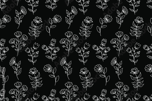 Black and white floral seamless pattern. White flowers on black background. Outline, line art hand drown flowers repeating pattern. Vector fabric seamless pattern