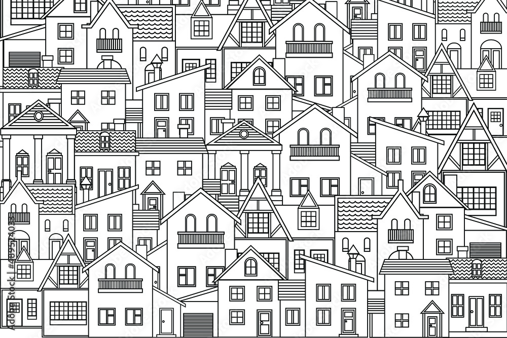 Outline houses background pattern illustration. Black outline, line art houses, city illustration wallpaper.