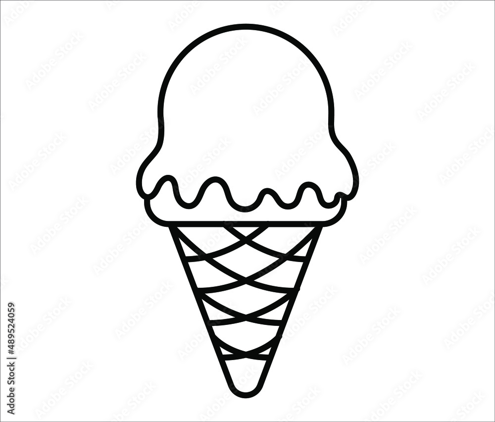 Ice cream icon. Simple vector ice cream illustration with black thin line. Cone dessert with melting ball toping. Ice cream icon. Simple vector ice cream illustration with black thin line. Cone dessert with melting ball toping.