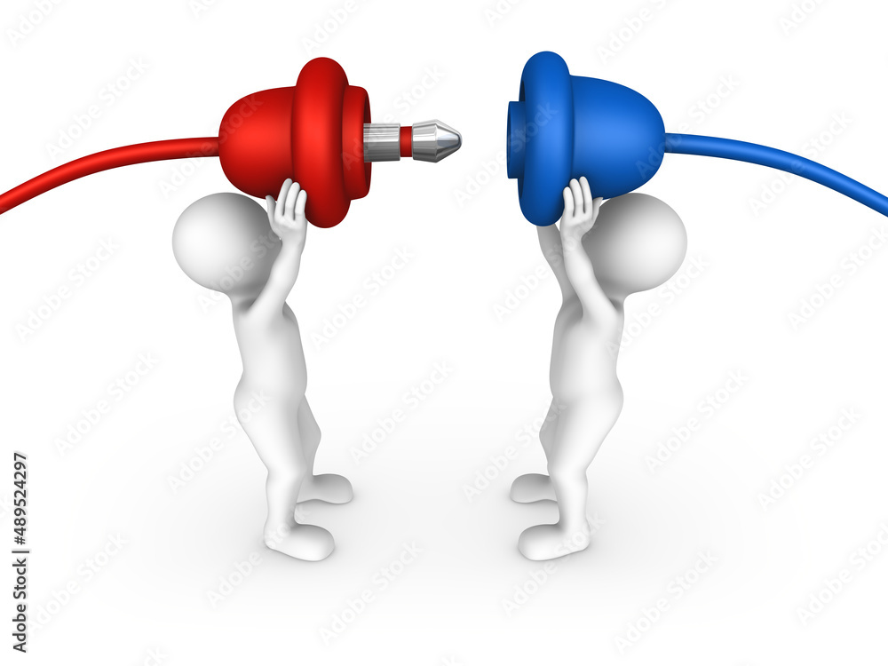 3d people conecting two colored cables together 3d people conecting two colored cables together