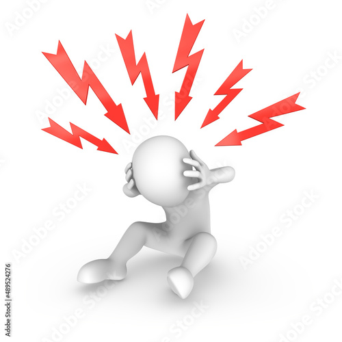 3d white man and red lightning bolts overhead