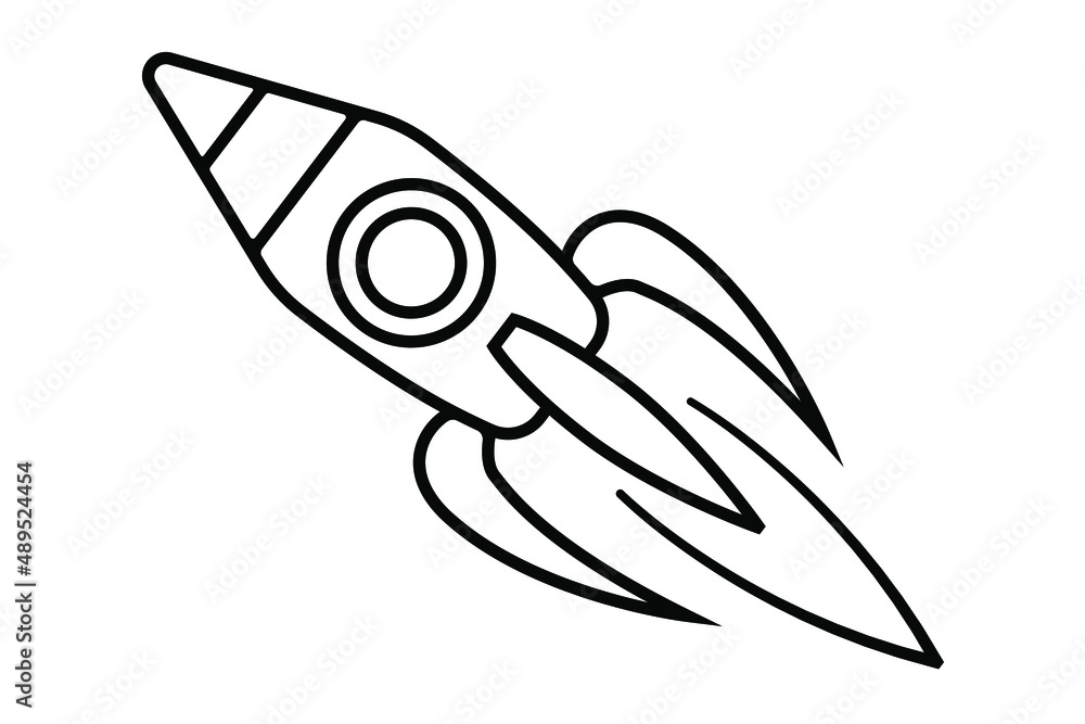 Rocket icon. Vector rochet black and white line art illustration. Outline spaceship icon isolated on white background. Rocket icon. Vector rochet black and white line art illustration. Outline spaceship icon isolated on white background.