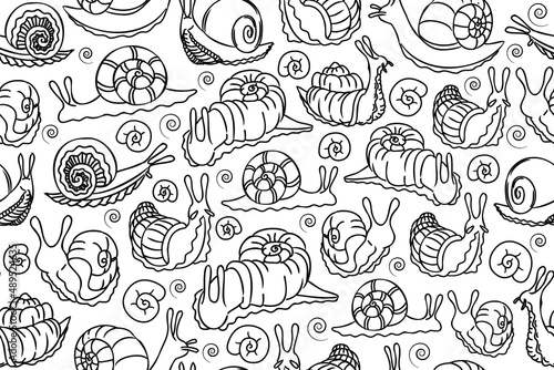 Cartoon snails outline pattern. Black line art snails and swirls repeating seamless pattern. Good for textile, wrapping paper, wallpaper and other designs.