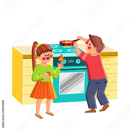 Children Dangerous Situations On Kitchen Vector. Girl Playing With Burning Match And Little Boy Cooking Dinner On Stove, Kids Danger Situations. Characters Flat Cartoon Illustration