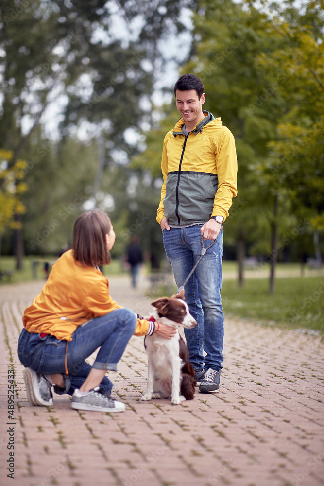 Fototapeta premium young caucasian male standing with his dog on a leash looking at beautiful female, smiling, talking