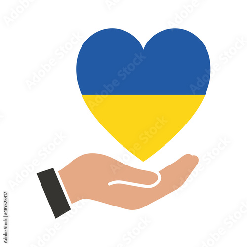 A hand holds a heart in the colors of the flag of Ukraine. The concept of peace in Ukraine. Love for country and nation. Vector illustration isolated on white background for design and web.