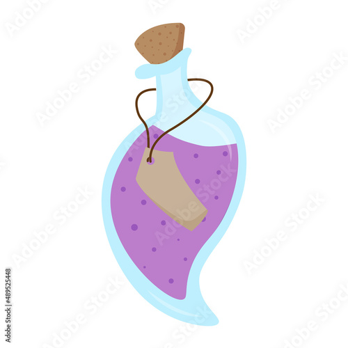 Purple potion in a bottle with a cork and label. A magic drink. Ingredient