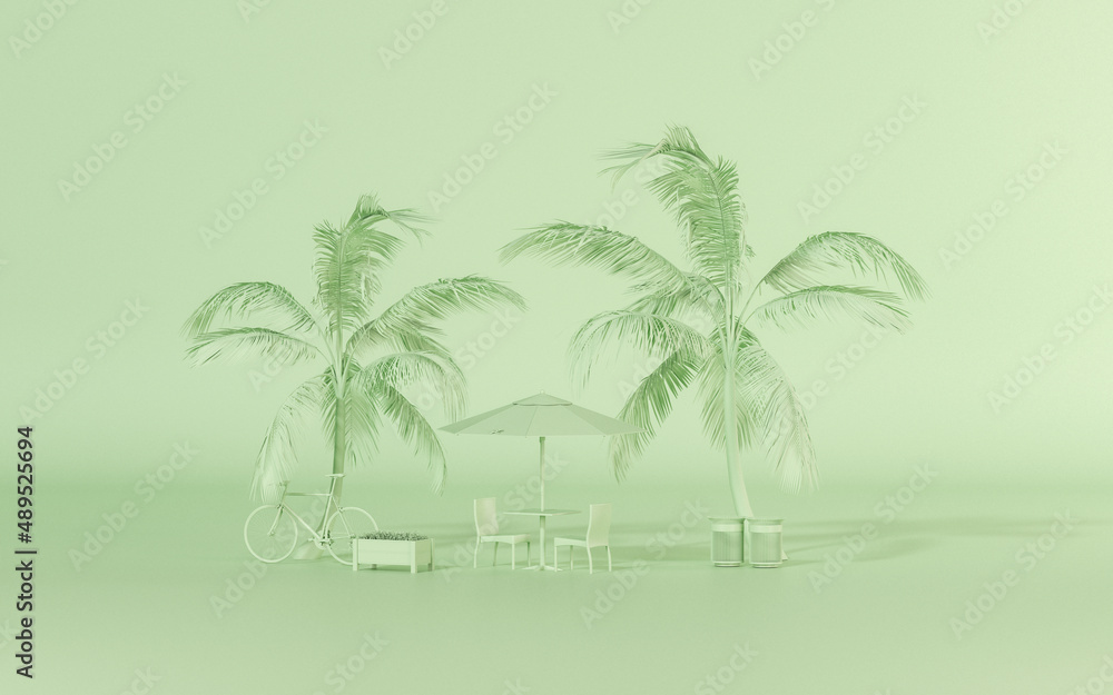 Benches and table and chairs, coconut tree. Exterior of outdoor cafe in monochrome green color background, 3D render for creative social media, studio, travel.
