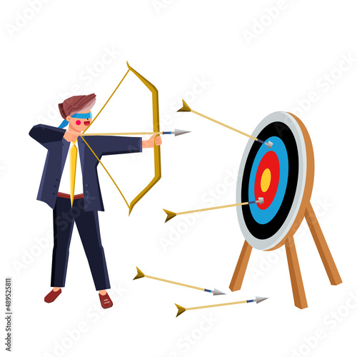Miss Target Young Man With Archery Arrow Vector. Businessman Miss Target, Guy Blindly And Desperately Trying To Shoot With Bow To Bullseye. Character Failed Hit Flat Cartoon Illustration