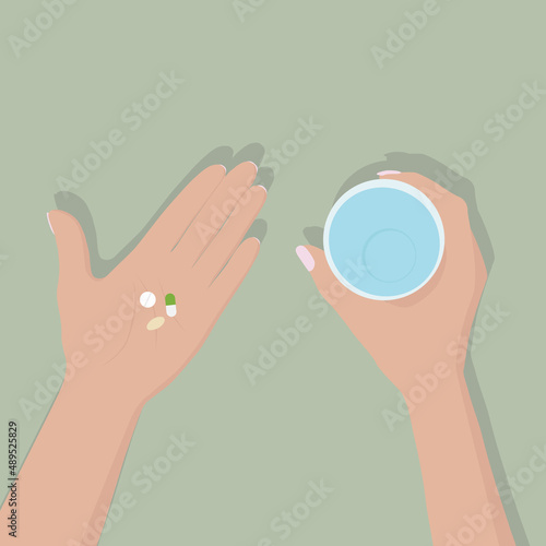 Taking medications vector flat illustration. Hands holding a glass of water and medicine pills and vitamins