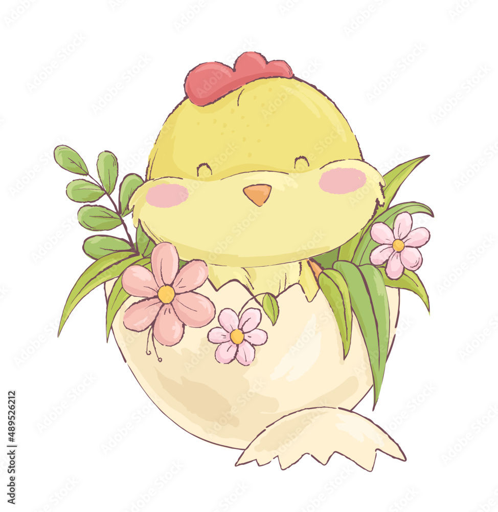 Fototapeta premium A cute little chick sits in an egg with flowers and smiles. Happy easter. Vector illustration.