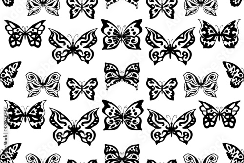 Black and white seamless butterfly pattern. Wrapping, textile pattern with ornate butterflies. © Gexam