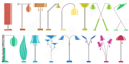 Floor lamp for home, office. Torchere with a high stand. Lampshade design. Fashionable interior. A set of vector icons, multicolored, cartoon, complex flat, isolated