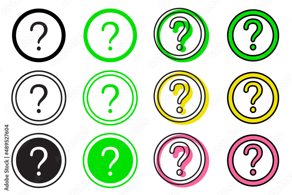 Question symbol simple icon set. Colorful stylized question icons in circles set isolated on white background. Question symbol simple icon set. Colorful stylized question icons in circles set isolated on white background.