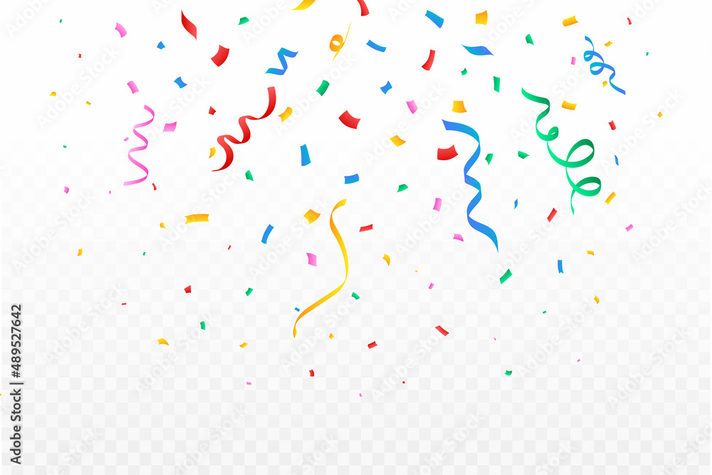 Fototapeta premium Confetti illustration for the festival background. Colorful party ribbon and confetti falling. Golden confetti isolated on transparent background. Carnival elements. Birthday celebration.