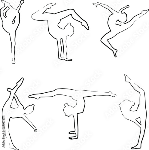 Rhythmic gymnasts. Six linear silhouettes of gymnasts. The shadows of the gymnasts. A set of silhouettes of gymnasts. Stencils 