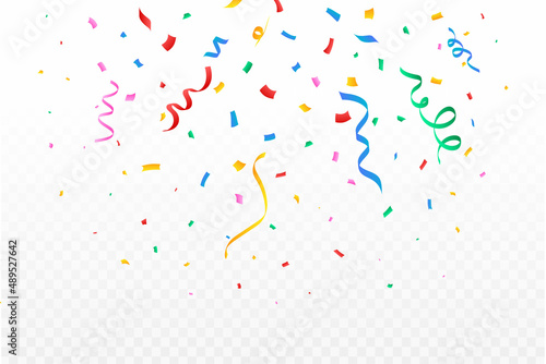 Confetti illustration for the festival background. Colorful party ribbon and confetti falling. Golden confetti isolated on transparent background. Carnival elements. Birthday celebration.