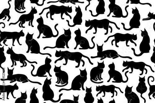 Seamless, repeating pattern with cats. Kittens flat shapes illustrations. Black and white pussy cats in different position seamless textile, wrapping pattern. © Gexam
