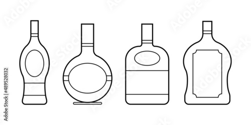 Set of alcoholic linear bottles illustration. Alcohol cocktails drinks icons. Bar menu flat vector logos.