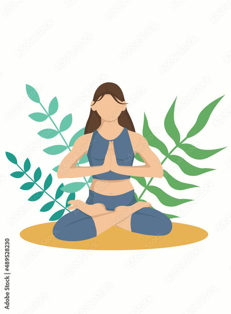 A young woman sitting in a lotus position with plants on a background. Faceless illustration