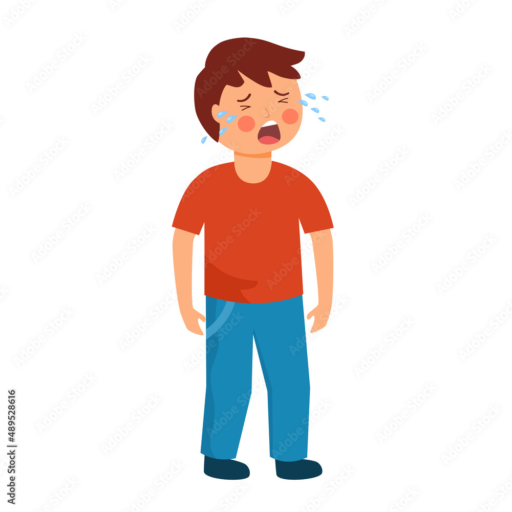 Upset little child crying character in flat design on white background.