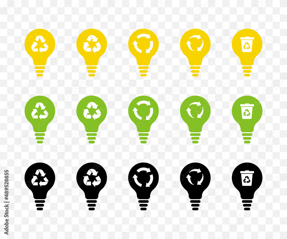 Light bulb vector icon set. Recycling concept. Yellow, green and black. Light bulb vector icon set. Recycling concept. Yellow, green and black.