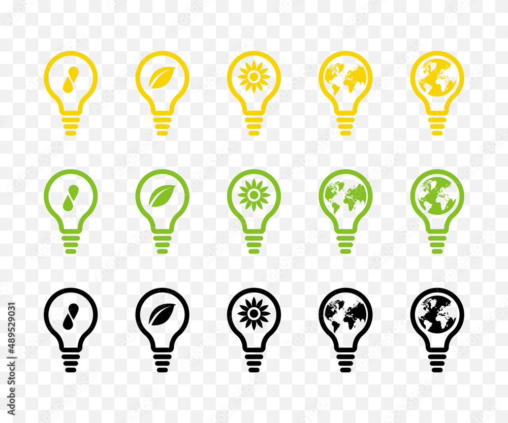 Light bulb vector outline icon set. Clean energy concept. Yellow. green and black. Light bulb vector outline icon set. Clean energy concept. Yellow. green and black.