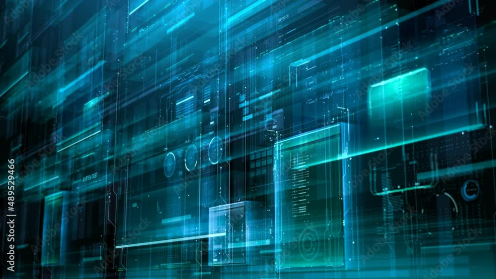Blue digital futuristic wall. Abstract holographic technology motion background. Depth of field. 3D rendering Blue digital futuristic wall. Abstract holographic technology motion background. Depth of field. 3D rendering