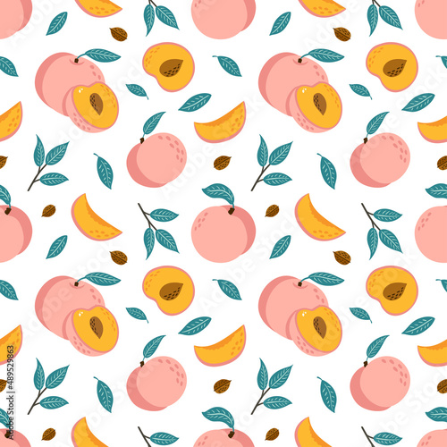 Vector Seamless Pattern with Peaches. Half  Slice and Whole Juicy Fruits Background. Hand Drawn sweet nectarine ornament for  wrapping paper  fabric  texture  menu  food package and interior design