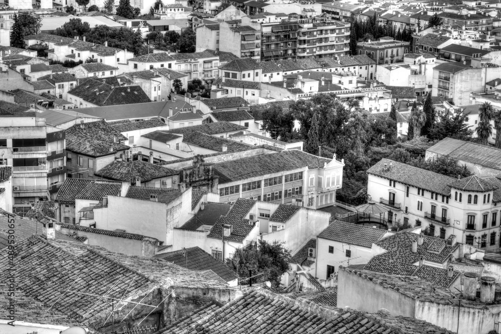 Traditional Spanish whitewashed village with mountain and ruined castle on the sumit. Monochrome black and white
