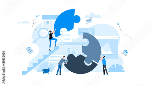 Animation ready duik friendly vector Illustration. Conceptual business story. Puzzle connection, teamwork abstract metaphor, partnership, collaboration, solving problem, effective business solution.