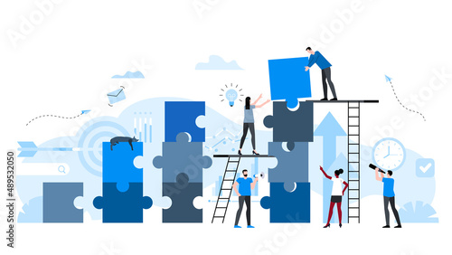 Office workers are building a tower of puzzles together. Animation ready duik friendly vector Illustration. Conceptual business story. Puzzle connection, teamwork abstract metaphor.