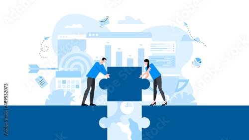 Man and woman jointly insert the missing puzzle to open the way. Animation ready duik friendly vector. Conceptual business story. Puzzle connection, partnership, collaboration, solving problem.