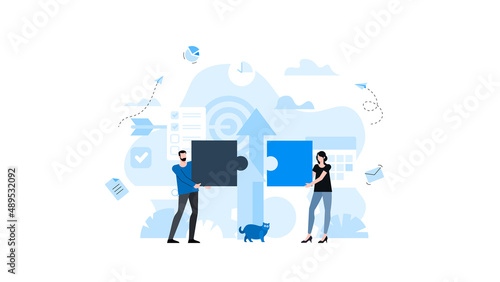 Man and woman go towards each other to connect puzzles. Animation ready duik friendly vector Illustration. Conceptual business story. Puzzle connection, teamwork abstract metaphor, partnership.