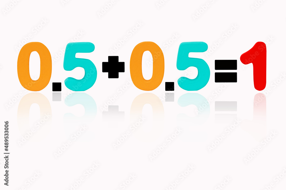 Zero point five plus zero point five equals one Isolated on white background. Image of simple math addition operation for kids, Colorful wooden alphabet set sort. Poster, banner design. Zero point five plus zero point five equals one Isolated on white background. Image of simple math addition operation for kids, Colorful wooden alphabet set sort. Poster, banner design.