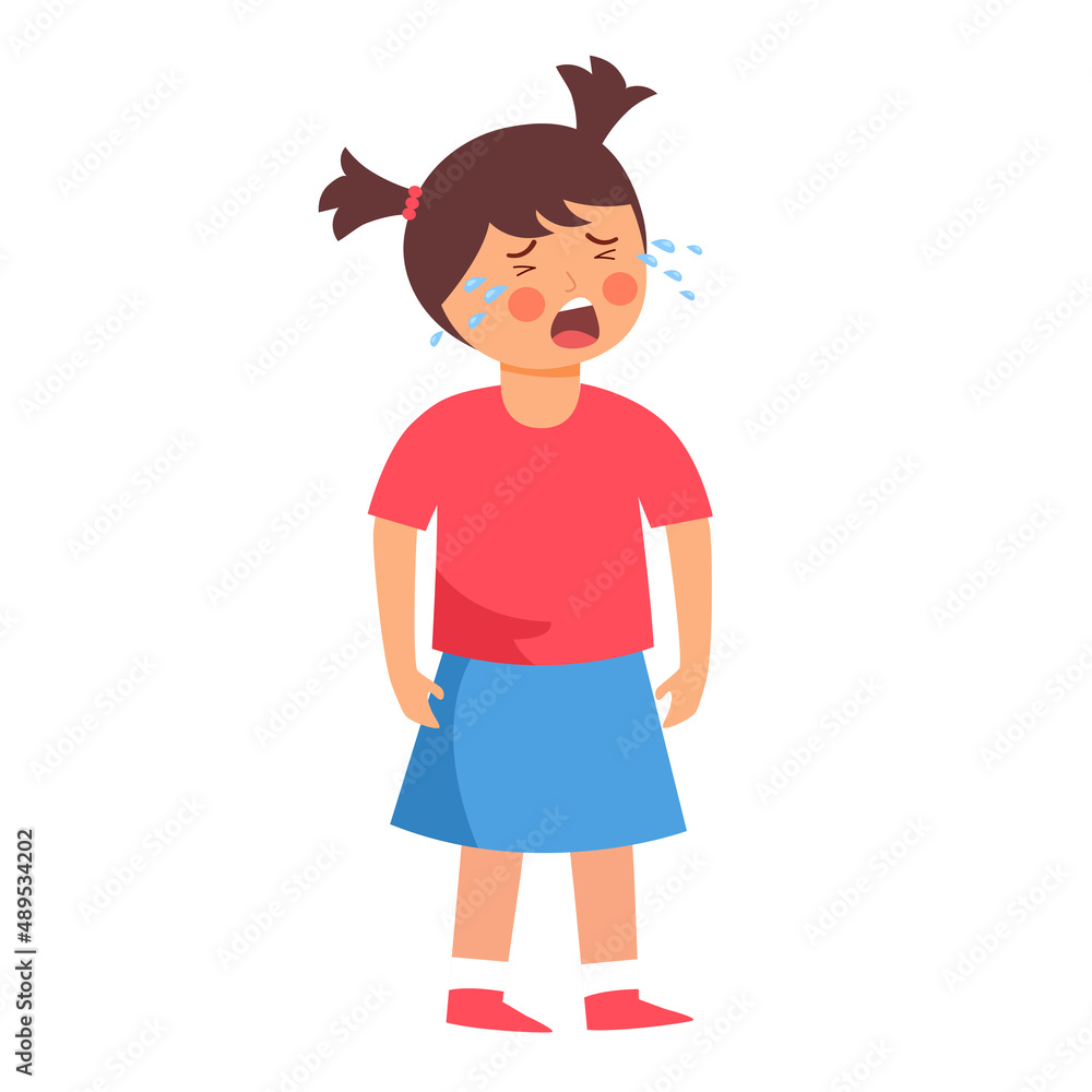 Upset little girl crying character in flat design on white background. Upset little girl crying character in flat design on white background.
