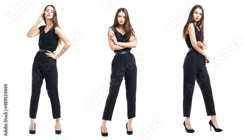 Collage three beautiful brunette women in a black blouse and pants