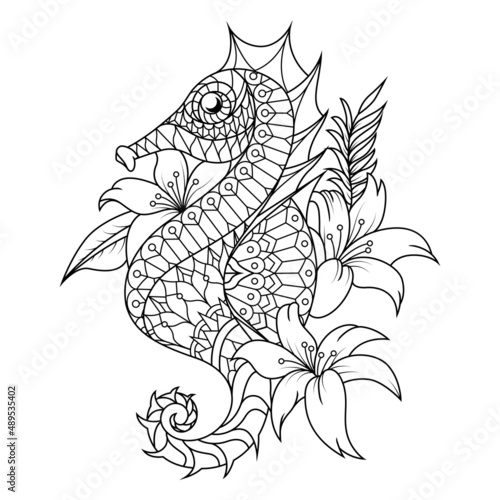 Seahorse mandala zentangle illustration in lineal style coloring book