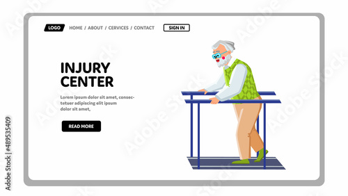 Injury Center Helpful Therapy For Old Man Vector. Elderly Senior Exercising On Injury Center Rehabilitation Equipment. Character Recovery Training Exercise Web Flat Cartoon Illustration